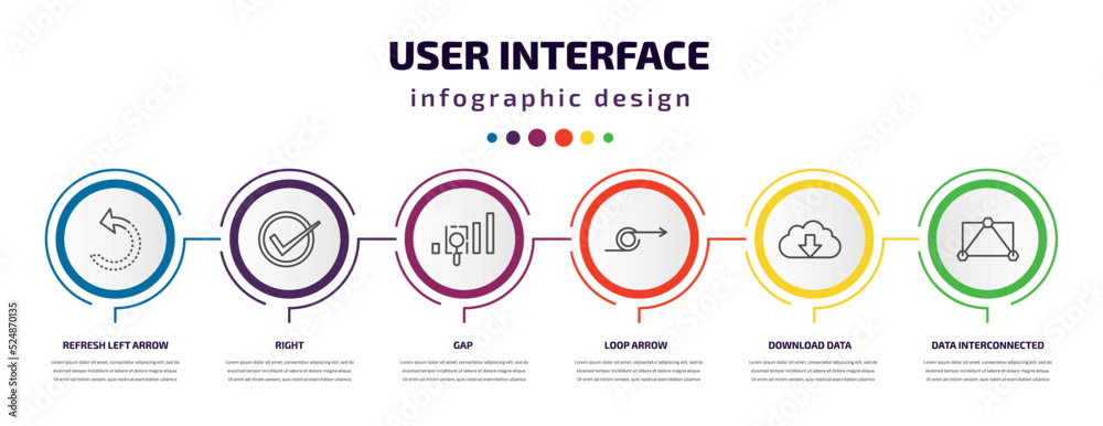 Poster user interface infographic template with icons and 6 step or option. user interface icons such as refresh left arrow, right, gap, loop arrow, download data, data interconnected vector. can be used