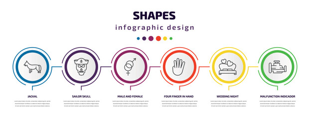 shapes infographic template with icons and 6 step or option. shapes icons such as jackal, sailor skull, male and female, four finger in hand, wedding night, malfunction indicador vector. can be used