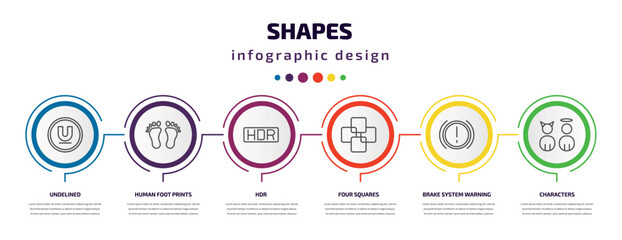shapes infographic template with icons and 6 step or option. shapes icons such as undelined, human foot prints, hdr, four squares, brake system warning, characters vector. can be used for banner,