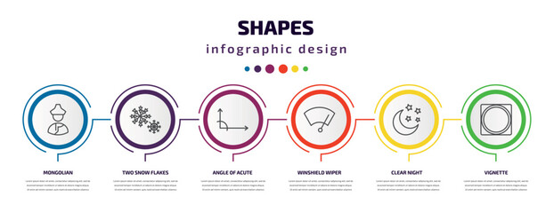 shapes infographic template with icons and 6 step or option. shapes icons such as mongolian, two snow flakes, angle of acute, winshield wiper, clear night, vignette vector. can be used for banner,