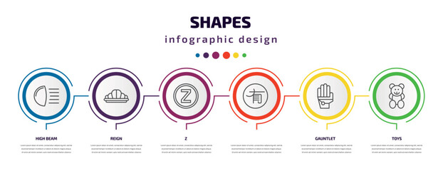 shapes infographic template with icons and 6 step or option. shapes icons such as high beam, reign, z, , gauntlet, toys vector. can be used for banner, info graph, web, presentations.