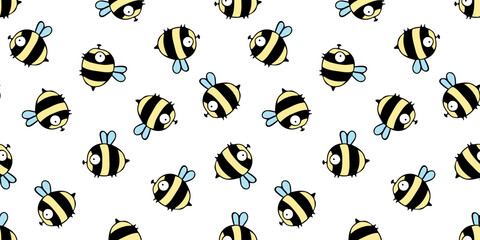 Vector illustration. Cute seamless pattern with tiny flying colorful bees isolated on white. Funny insects. Hand drawn simple doodle clipart. For textile, pabric, banner, gift wrap, baby products