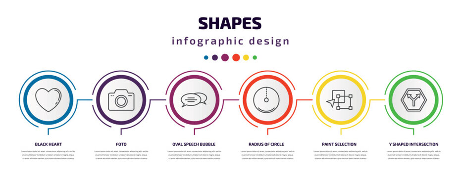shapes infographic template with icons and 6 step or option. shapes icons such as black heart, foto, oval speech bubble, radius of circle, paint selection, y shaped intersection vector. can be used