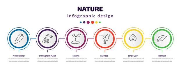 nature infographic template with icons and 6 step or option. nature icons such as philodendron, carnivorous plant, seeding, damaged, cercis leaf, element vector. can be used for banner, info graph,