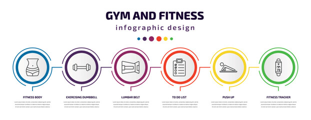 gym and fitness infographic template with icons and 6 step or option. gym and fitness icons such as fitness body, exercising dumbbell, lumbar belt, to do list, push up, tracker vector. can be used