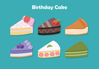 Sliced birthday cake with a variety of flavors of afternoon tea snacks