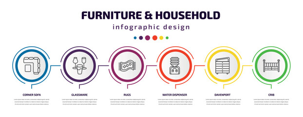 Naklejka premium furniture & household infographic template with icons and 6 step or option. furniture & household icons such as corner sofa, glassware, rugs, water dispenser, davenport, crib vector. can be used for