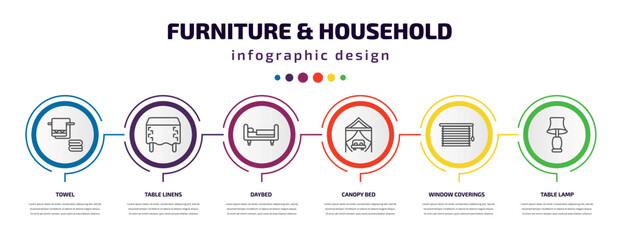 furniture & household infographic template with icons and 6 step or option. furniture & household icons such as towel, table linens, daybed, canopy bed, window coverings, table lamp vector. can be
