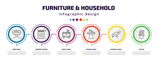 furniture & household infographic template with icons and 6 step or option. furniture & household icons such as card table, shower curtain, night stand, kitchen table, fainting couch, cactus vector.