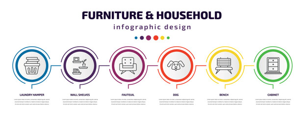 furniture & household infographic template with icons and 6 step or option. furniture & household icons such as laundry hamper, wall shelves, fauteuil, dog, bench, cabinet vector. can be used for