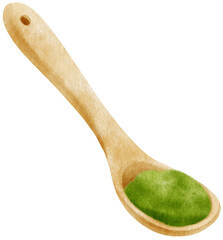 green tea matcha powder in wooden spoon watercolor