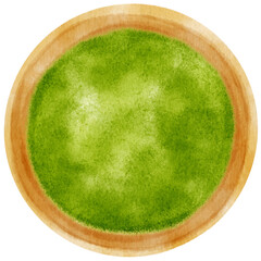 matcha powder watercolor in wooden bowl illustration