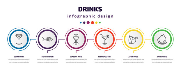 drinks infographic template with icons and 6 step or option. drinks icons such as 007 martini, fish skeleton, glass of wine, cosmopolitan, lemon juice, cappuccino vector. can be used for banner,