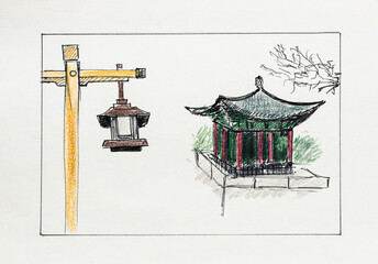 hand-drawn Chinese pagoda and lanterns by black pen and color pencils on old textured paper