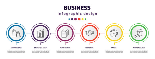 business infographic template with icons and 6 step or option. business icons such as shopping bags, statistical chart, paper graphic, cooperate, target, mortgage loan vector. can be used for