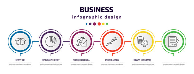 business infographic template with icons and 6 step or option. business icons such as empty box, circular pie chart, worker digging a hole, graphic arrow, dollar coins stack, vector. can be used