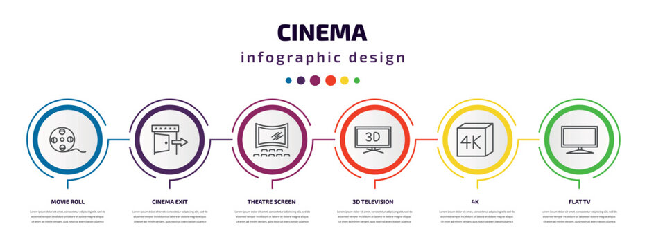 cinema infographic template with icons and 6 step or option. cinema icons such as movie roll, cinema exit, theatre screen, 3d television, 4k, flat tv vector. can be used for banner, info graph, web,