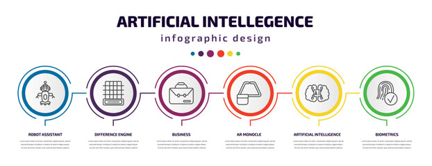 artificial intellegence infographic template with icons and 6 step or option. artificial intellegence icons such as robot assistant, difference engine, business, ar monocle, artificial intelligence,