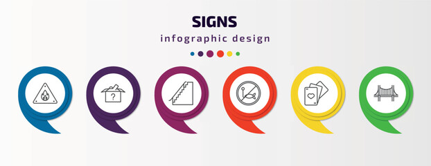 signs infographic template with icons and 6 step or option. signs icons such as fire warning, lost items, stairs, no fishing, gambling, bridge vector. can be used for banner, info graph, web,