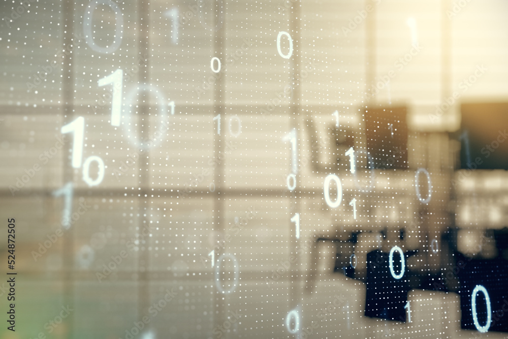 Poster abstract virtual binary code sketch on a modern boardroom background, hacking and matrix concept. mu