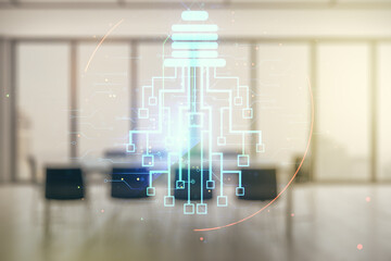 Double exposure of virtual creative light bulb hologram with chip on a modern meeting room background, idea and brainstorming concept