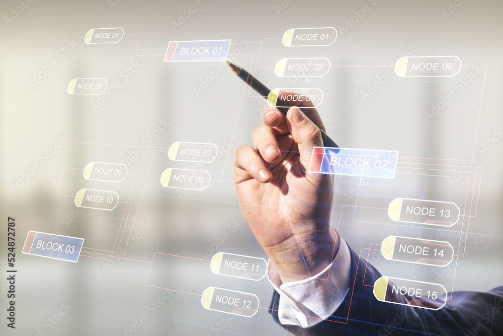 Poster multi exposure of businessman hand with pen working with abstract graphic coding sketch on blurred o