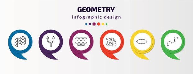 geometry infographic template with icons and 6 step or option. geometry icons such as polygonal megaphone, parallel, construction, explode, ellipse, spline vector. can be used for banner, info