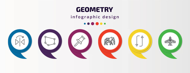 geometry infographic template with icons and 6 step or option. geometry icons such as mirror horizontally, polygon, push pin, polygonal elephant, flip, polygonal jet aircraft vector. can be used for
