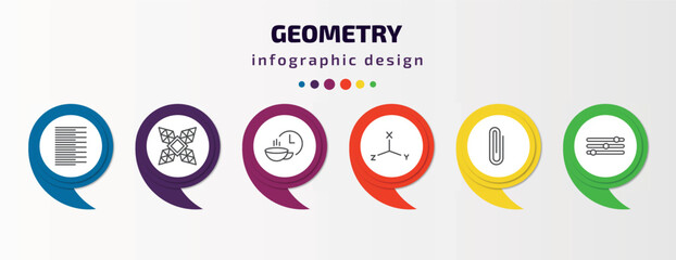 geometry infographic template with icons and 6 step or option. geometry icons such as left alignment, polygonal windmill, break, coordinates, clip, adjust vector. can be used for banner, info graph,