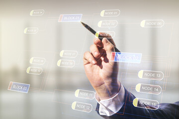 Multi exposure of businessman hand with pen working with abstract graphic coding sketch on blurred office background, big data and networking concept