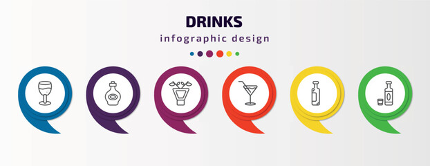 drinks infographic template with icons and 6 step or option. drinks icons such as brandy glass, armagnac, irish sour, martini, wine, alcohol vector. can be used for banner, info graph, web,