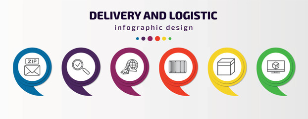 delivery and logistic infographic template with icons and 6 step or option. delivery and logistic icons such as zip code, inspection, air mail, barcode, package, delivery monitor vector. can be used