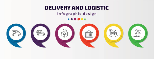 delivery and logistic infographic template with icons and 6 step or option. delivery and logistic icons such as cargo bus, express mail, package checking, container hanging, delivery weighing, ship