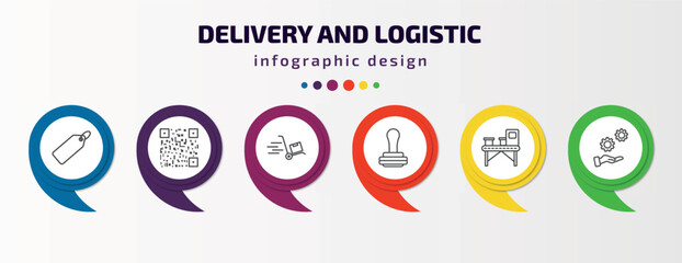 delivery and logistic infographic template with icons and 6 step or option. delivery and logistic icons such as tag, bar code, moving, pisco sour, delivery x ray, support vector. can be used for