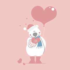 cute and lovely hand drawn teddy bear holding heart balloon and ring, happy valentine's day, love concept, flat vector illustration cartoon character costume design