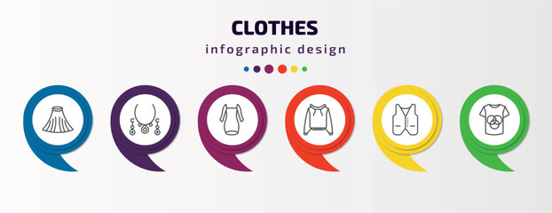 clothes infographic template with icons and 6 step or option. clothes icons such as tulle skirt, jewelry, long sleeveless dress, pullover, waistcoat, t shirt with de vector. can be used for banner,