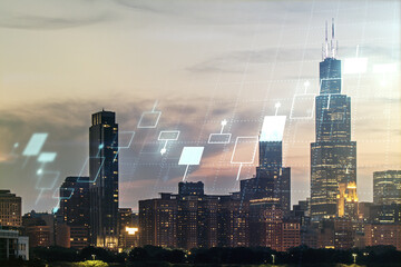 Double exposure of abstract creative financial chart hologram on Chicago skyscrapers background, research and strategy concept