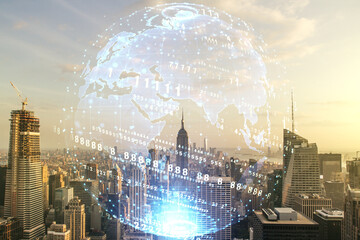 Plakat Multi exposure of abstract programming language hologram and world map on Manhattan office buildings background, artificial intelligence and neural networks concept
