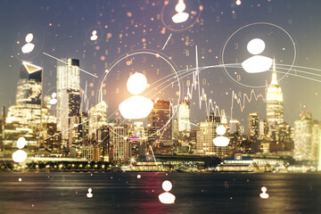 Abstract virtual social network hologram on New York cityscape background. Double exposure