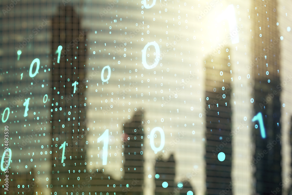Poster abstract virtual binary code sketch on blurry cityscape background, hacking and matrix concept. mult