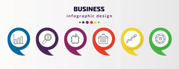 business infographic template with icons and 6 step or option. business icons such as graphic chart, money finder, post it, supermarket bag, graphic arrow, nepalese vector. can be used for banner,