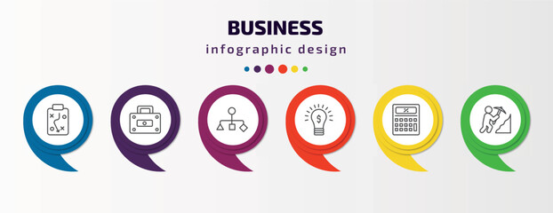 business infographic template with icons and 6 step or option. business icons such as tactic, rectangular briefcase, hierarchy structure, ideas to earn money, tax calculate, worker digging a hole