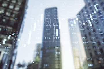 Double exposure of abstract virtual statistics data hologram on modern skyscrapers background, statistics and analytics concept