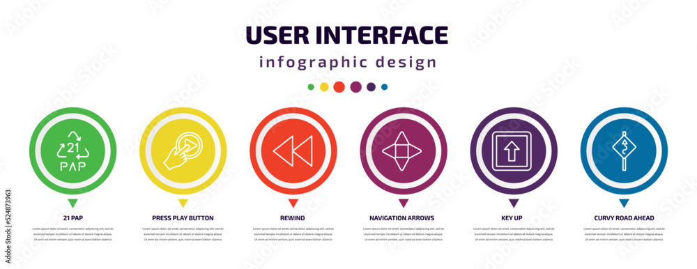 Poster user interface infographic element with icons and 6 step or option. user interface icons such as 21 