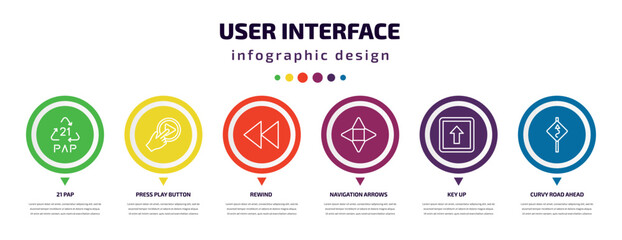 user interface infographic element with icons and 6 step or option. user interface icons such as 21 pap, press play button, rewind, navigation arrows, key up, curvy road ahead vector. can be used