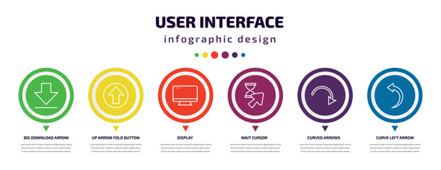 user interface infographic element with icons and 6 step or option. user interface icons such as big download arrow, up arrow fold button, display, wait cursor, curved arrows, curve left arrow