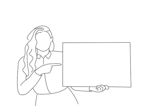 Illustration Of Beautiful Business Woman Shows A Blank Bilboard, Isolated On White, Copy Space. One Line Art