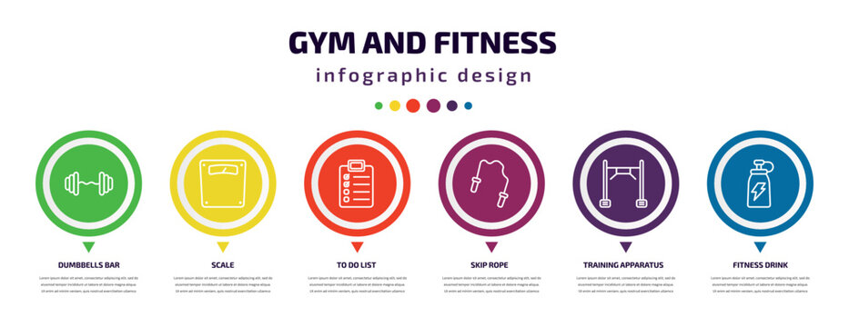 Gym And Fitness Infographic Element With Icons And 6 Step Or Option. Gym And Fitness Icons Such As Dumbbells Bar, Scale, To Do List, Skip Rope, Training Apparatus, Fitness Drink Vector. Can Be Used