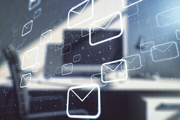Creative abstract postal envelopes hologram and modern desktop with pc on background, email and...