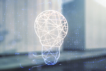Virtual Idea concept with light bulb illustration on blurry modern office building background. Multiexposure